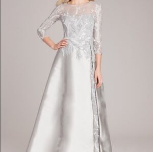 Teri Jon Silver Silk Gazar Gown with Sequin Overlay size 8